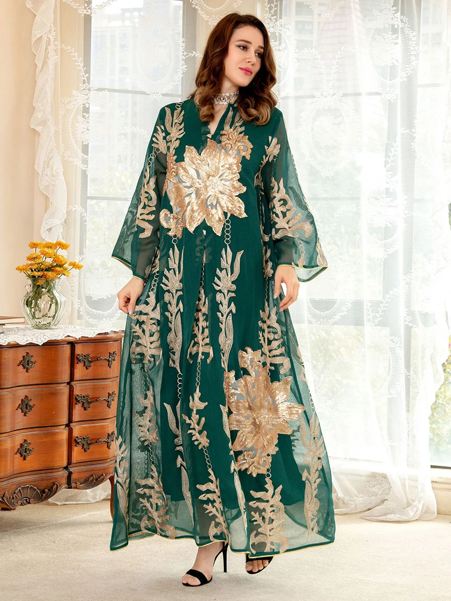 Muslim Party Evening Gown Dress for Women Chic Sequins Gold Thread Embroider Notched Stand Collar Long Sleeve Moroccan Caftan