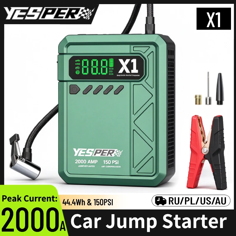YESPER X1 Car Jump Starter 12V Car Battery Emergency Booster 150PSI Air Compressor 12000mAh Power Bank Starting Device  for 8/6L
