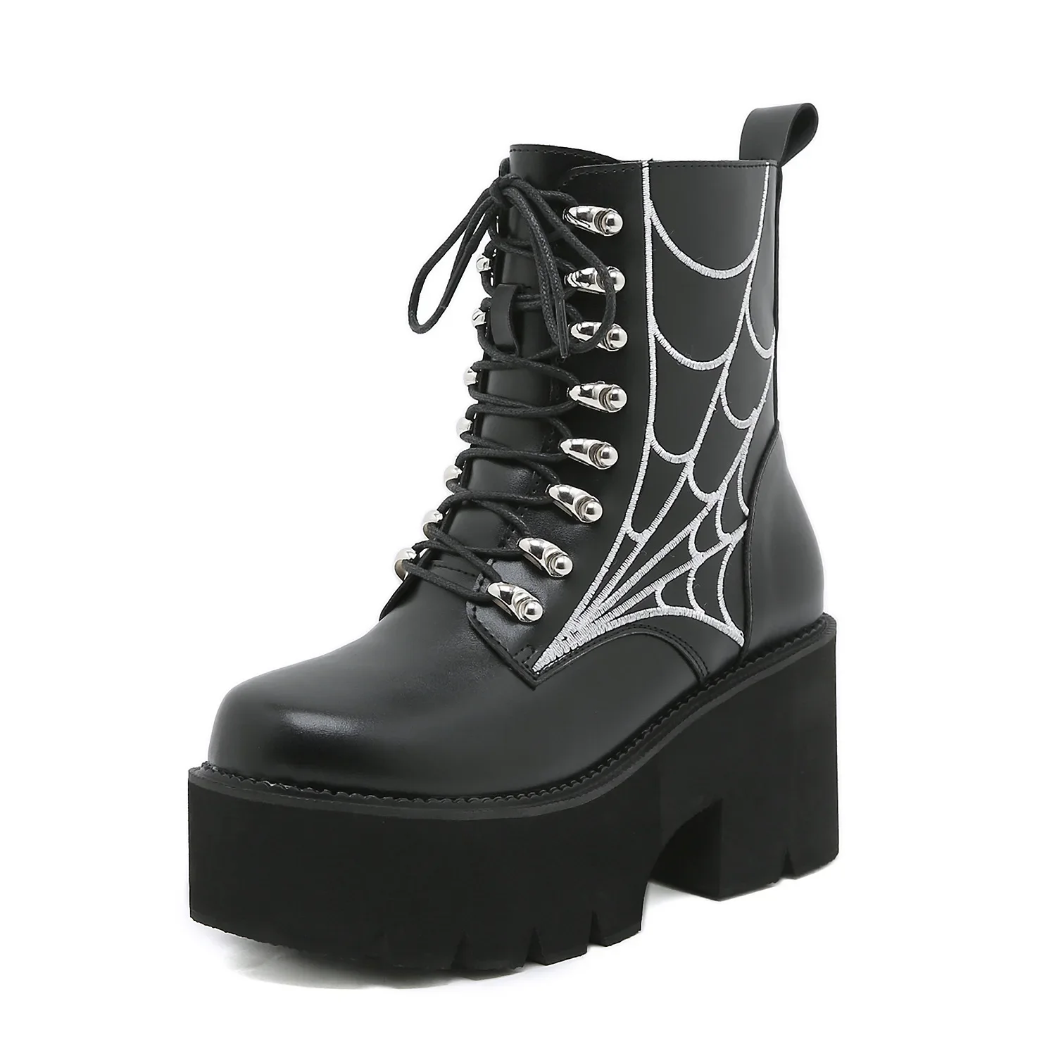 

Platform Black Round Toe Women's Riding Boots with Cobwebs Embroidered High Top Women's Shoes Pu Leather Women Ankle Boots