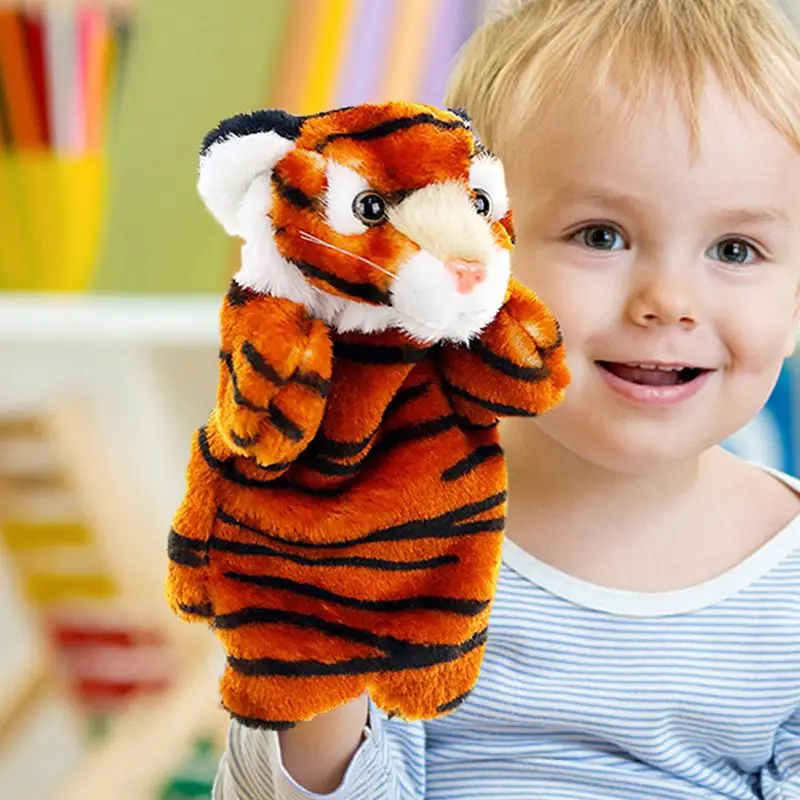 Marionetas de dedo de tigre de peluche, juguetes de animales de dibujos animados, marionetas de mano, muñeca de tigre suave para niños y adultos