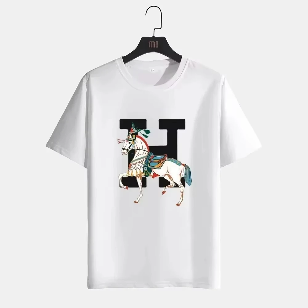 2026 Summer Vintage Oversized T‑Shirt For Adults Chinese Style Horse Letter Front Print Theme Art Loose Short Sleeve Street Tee