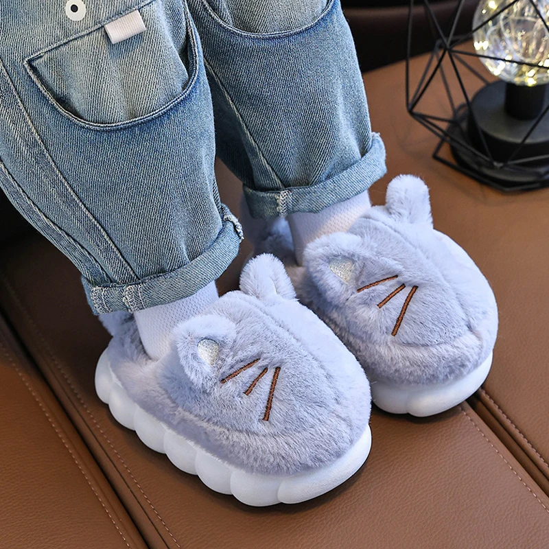 

New Autumn Winter Children Cotton Slippers Velvet Thicken Kawaii Keep Warm Home Shoes Anti-Slip Indoor Outdoor Cartoon Cute