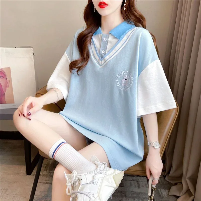 Y2k أزياء الصيف الزي قصيرة الأكمام فضفاضة الرقبة تي شيرت للنساء الكورية نمط الملابس الجديدة الجمالية امرأة زر التي شيرت #3