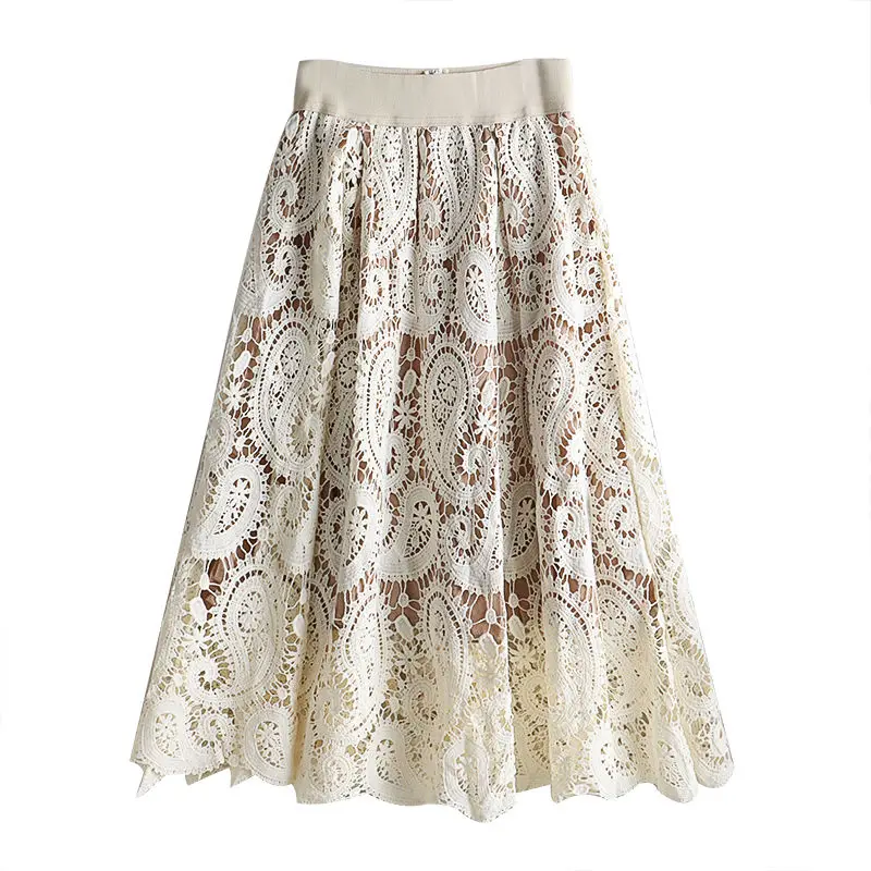 Vintage Elegant Hook Flower Hollow Paisley Lace Skirt 2023 Summer New Commute All-match Zipper High Waist A-Line Midi Skirts