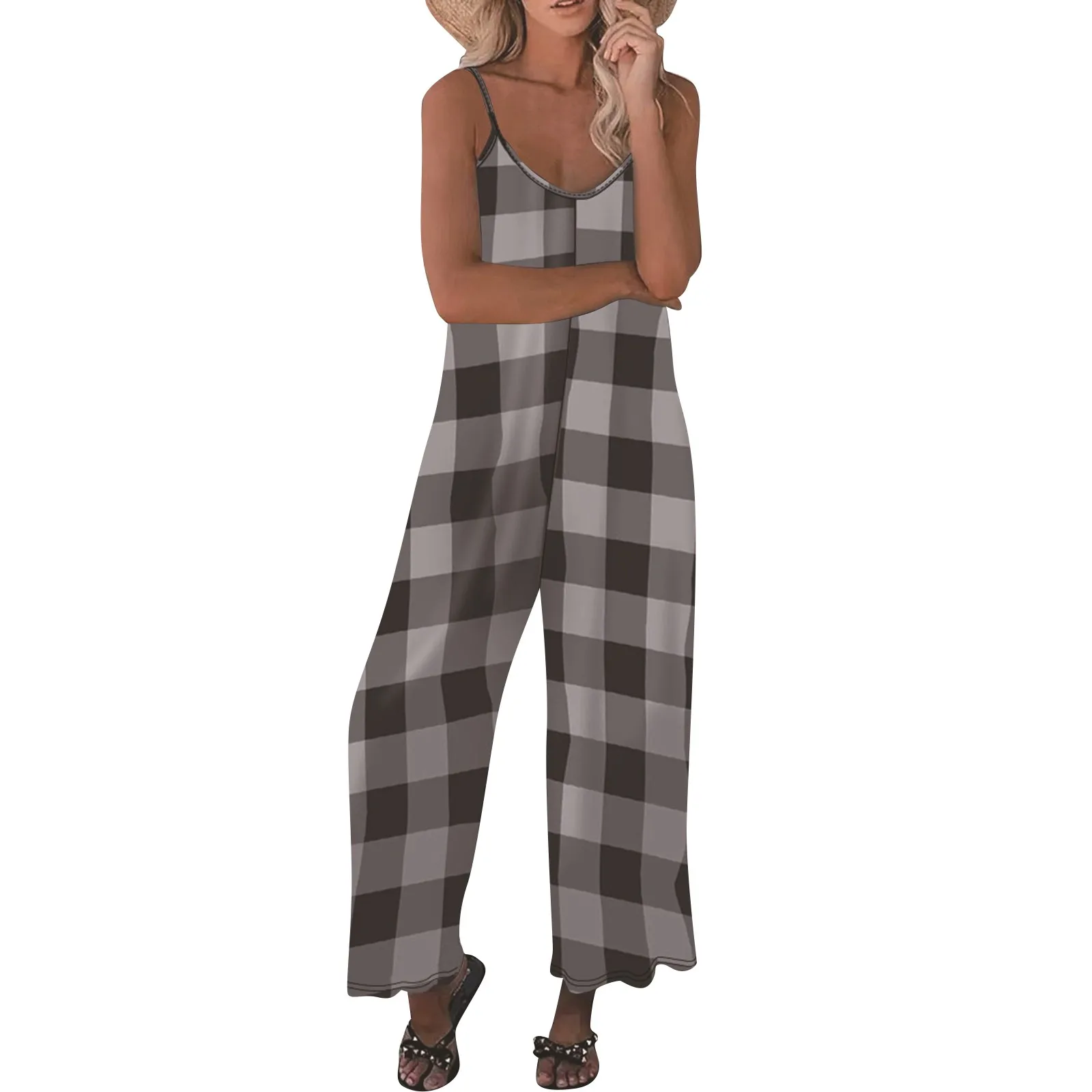 Summer Plaid Print Rompers Women Casual Fashion Regular Suspender Loose Wide Leg Jumpsuits Daily Vacation Commute Comfy Jumpsuit