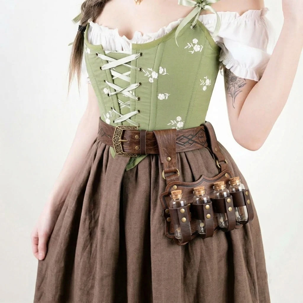 Medieval Cosplay Props Viking Style Retro Pu Leather Waist Belt with 4 Cork Small Potion Bottle Renaissance Costume Accessories for Halloween LARP