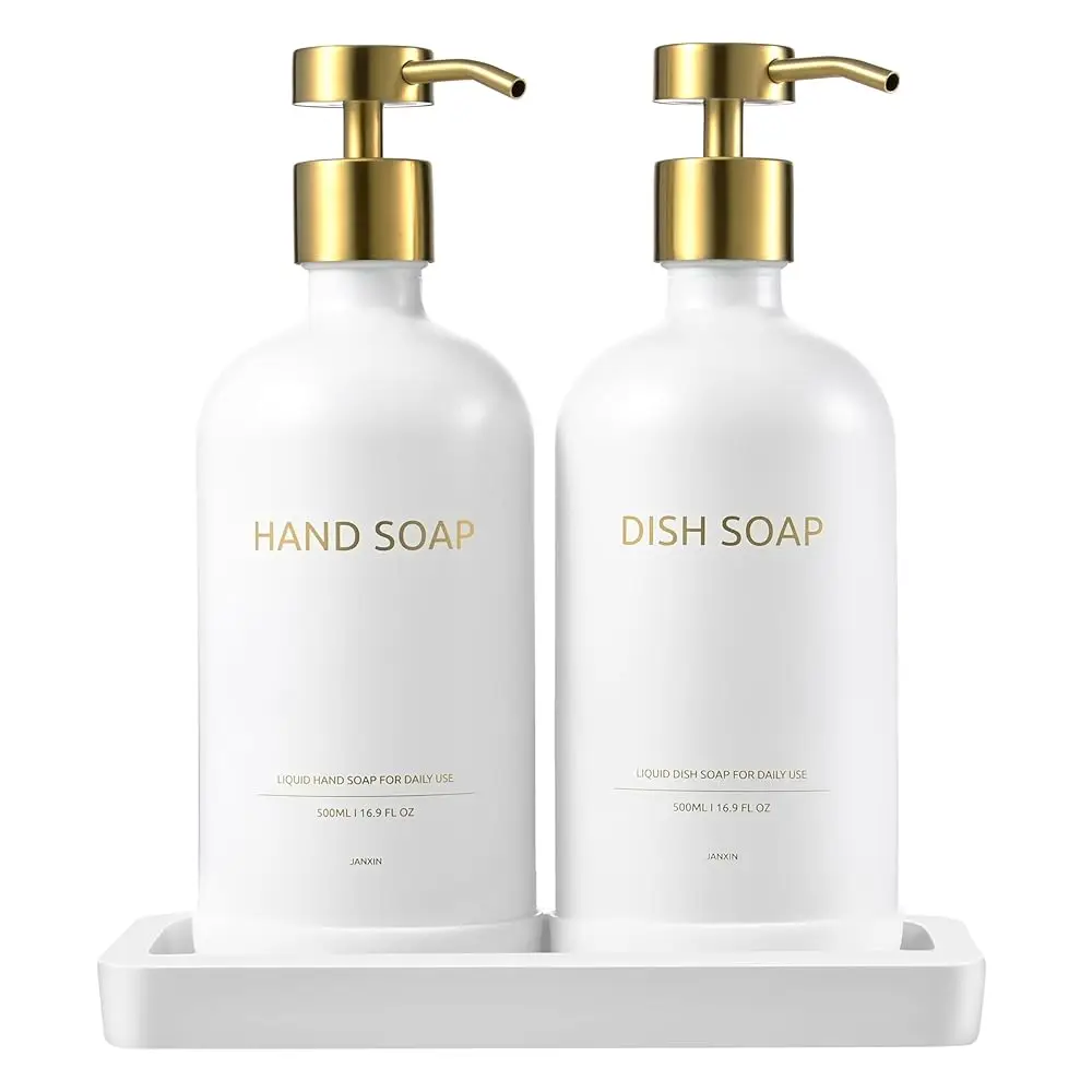 

Glass Kitchen Soap Dispenser Set with Ceramic Tray,16.9 floz Hand and Dish Soap Dispenser for Kitchen and Bathroom Decor (Whi