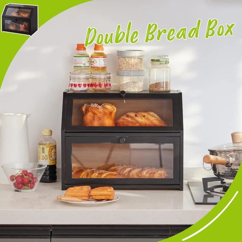 Farmhouse Bread Box for Kitchen Countertop Bread box Double Layer Bamboo Wooden Extra Large Capacity Bin Kitchen Food Storage