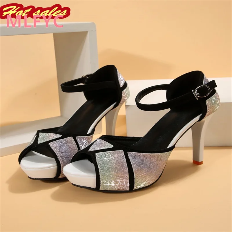 

European and American printed fashion bag heel fish mouth shoes for women's summer oversized side air thin heels Roman sandals