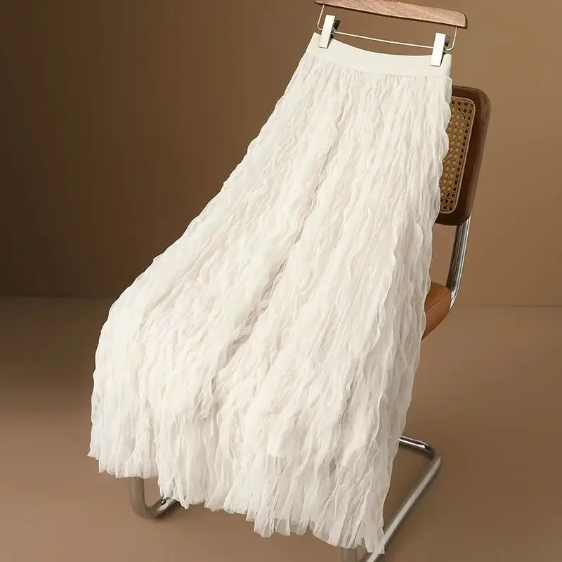 

2025 Spring New Ruched Mesh Skirt For Women Y2k High Waist A-line Skirts Mid-length Loose All-match Casual Faldas Mujer
