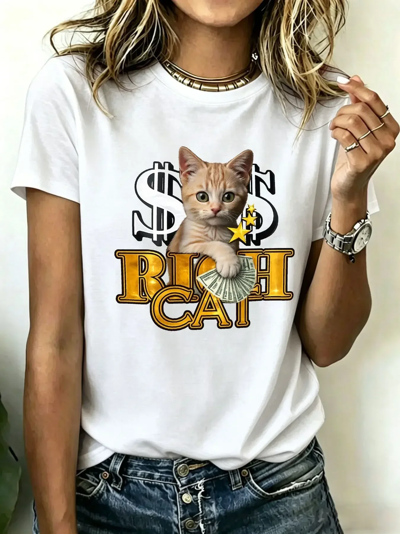Camiseta de algodón puro de 180 gramos para mujer, talla grande, con un lindo gatito tabby naranja sosteniendo billetes de dólar con la inscripción "RICH CAT"