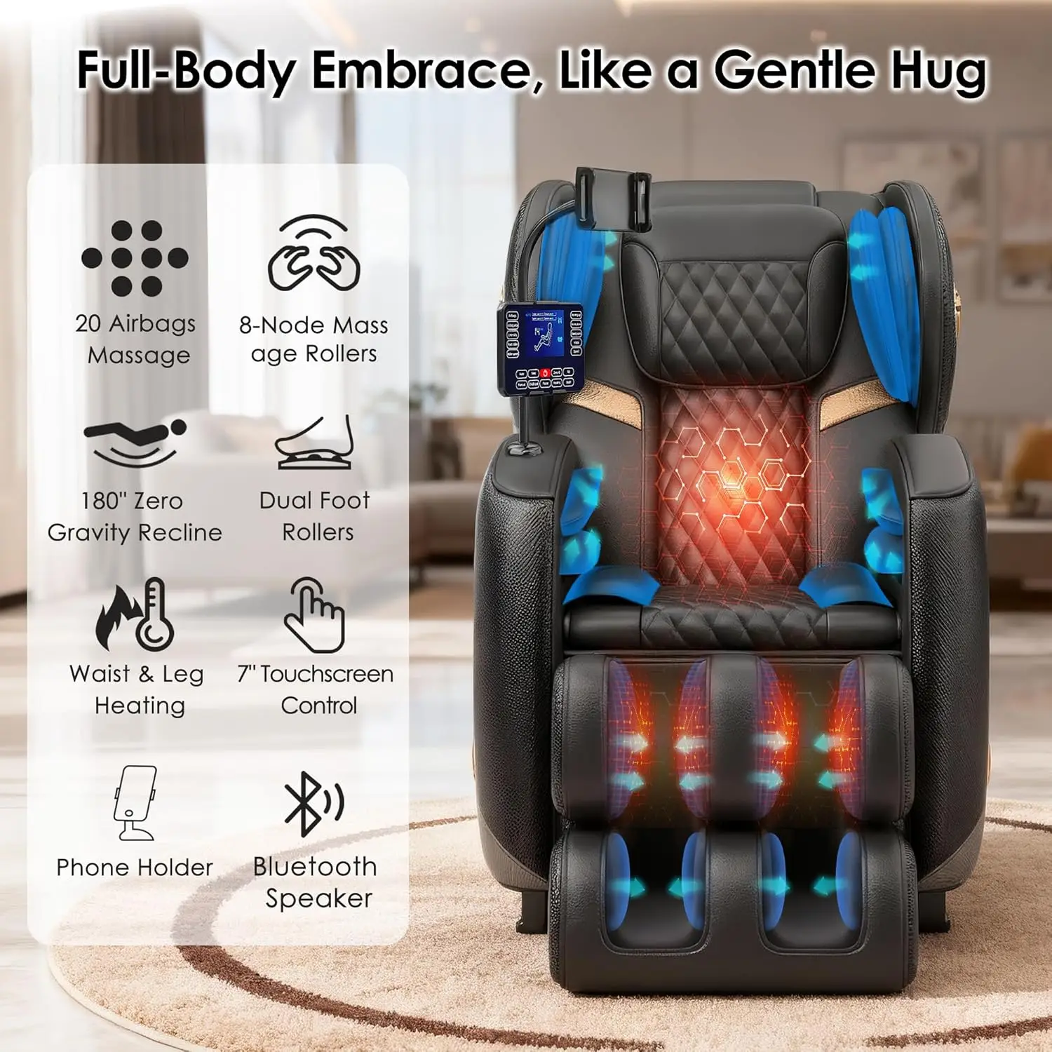 Luxury 3D Zero Gravity Full-Body Shiatsu Massage Chair with 10-Node Rollers 20 Airbags Waist and Leg Heating ized