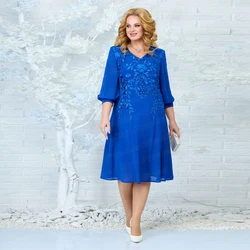 Customized Elegant Blue Chiffon Goom Mother Dresses A Line  With Embroidery Plus Size For Woman 3/4 Sleeve V Neck Formal Wedding