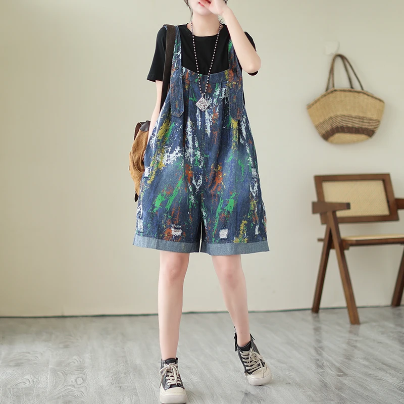 Macacão jeans feminino de verão, calças ort, cintura alta, comprimento cinco quartos, plus size, estampa personalizada, perna larga