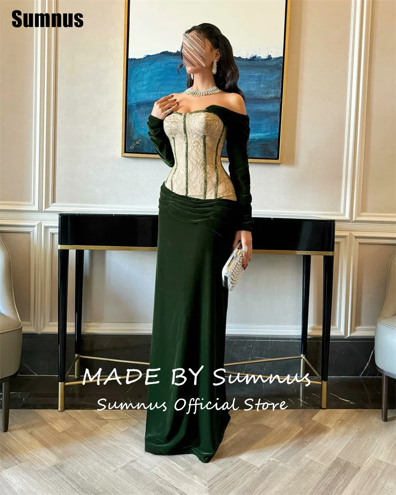 Eleganckie suknie balowe Sumnus w stylu syreny, zielony aksamit, koronka, odkryte ramiona, długie rękawy, suknie wieczorowe فساتين سهرات, szyte na miarę