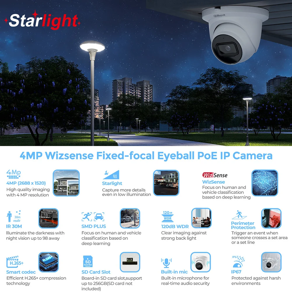 Dahua Original Black 4MP IP Camera WizSense Metal built in MIC Vehicle Human Detection