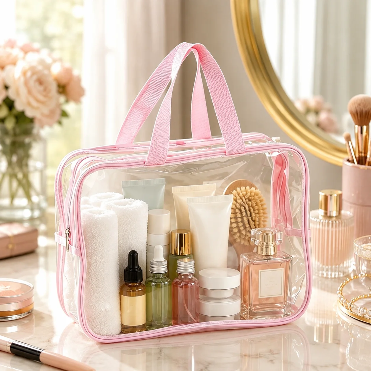 Transparent Toiletry Bag Pink Waterproof PVC Cosmetic Bag Large Travel Organizer with Handles for Women Beach Bathroom Storage