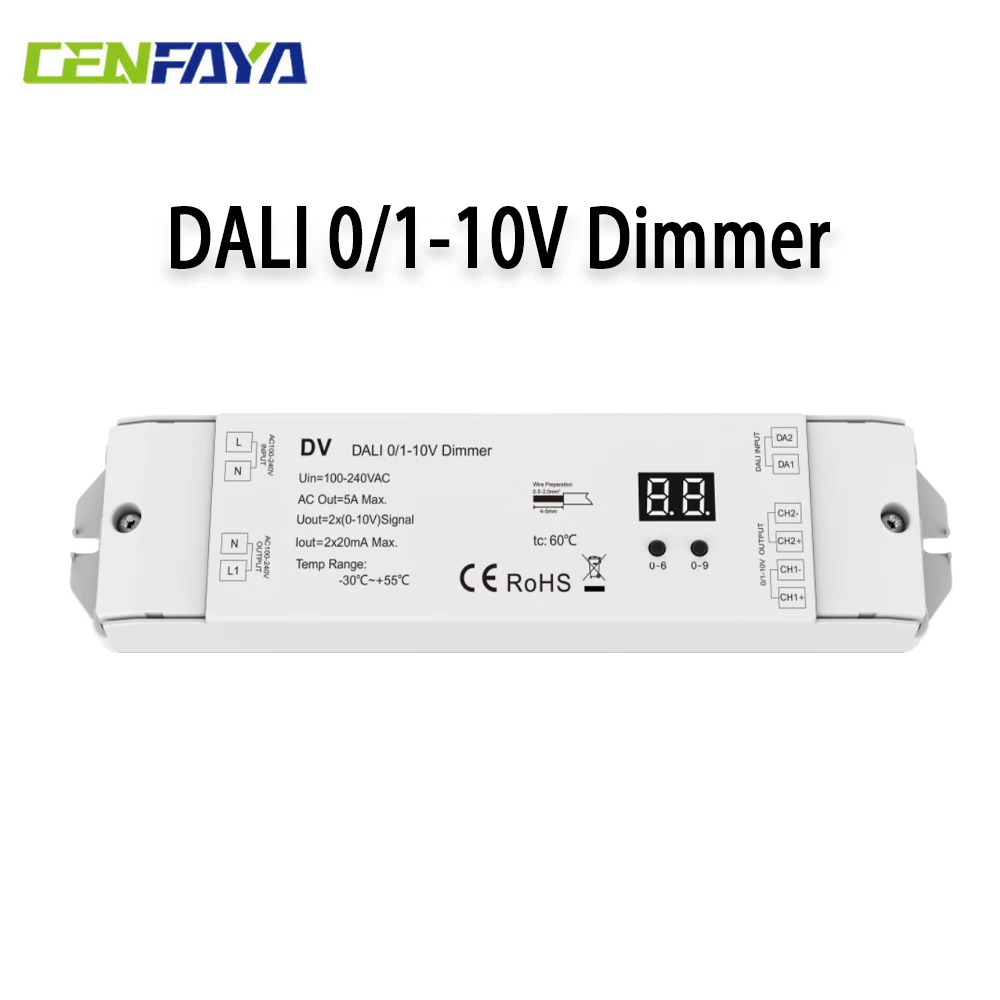 DALI 0/1-10V Dimmer DV DT5 100-240VAC 2CH*20mA Compliance with DALI Products 2 DALI Address 2 Channel 0/1-10V Output