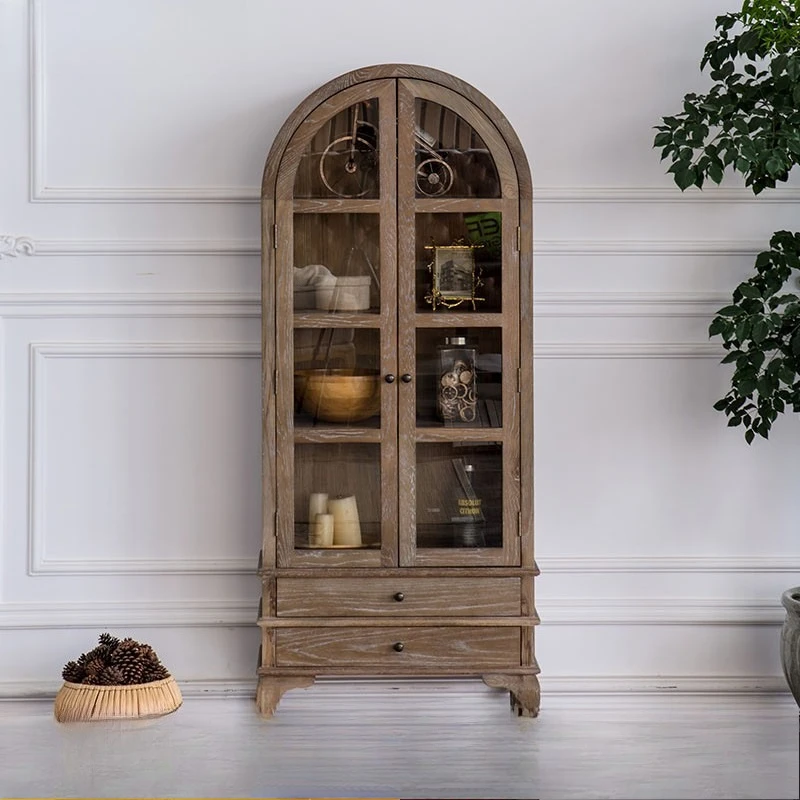 American light luxury solid wood round top cabinet bookcase TV side locker living room dining side cabinet French retro wine