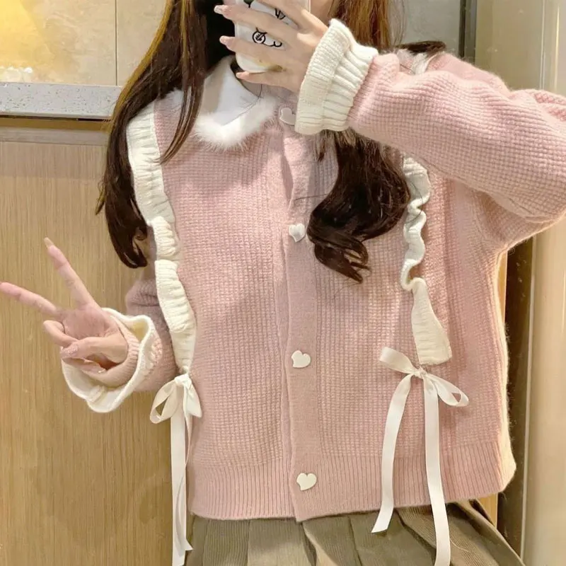 

Round Neck Sweet Bow Sweaters Autumn Winter Fashion Spliced Female Clothing Solid Color Loose Knitted Single-breasted Cardigan