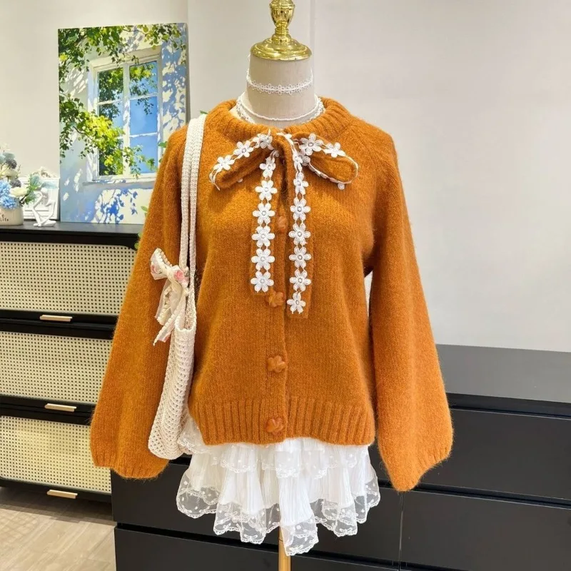 Kimutomo Knitted Cardigan Bow Bandage Lace Patchwork Sweet Loose Outwear Vintage Elegant Sweater Female Autumn Winter Tops