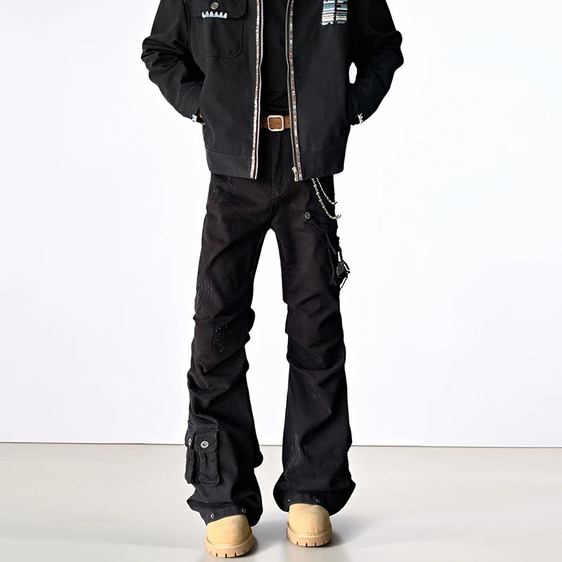 Functional Style Men's Denim Jeans Pants Multi-pocket Pleated Design Solid Color All-match Silhouette Wide Leg Male Jeans