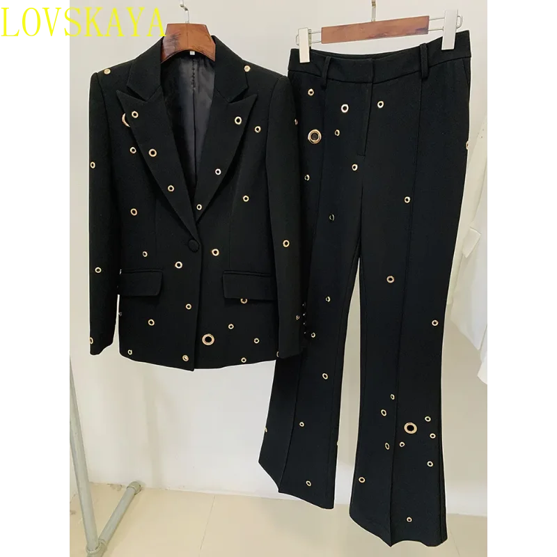 

Pantsuits for Women Hollow Newest Designer Fashion White Suit Set Wedding Single Button Rivet Eyelet Lapel Blazer Pants 2pcs Set