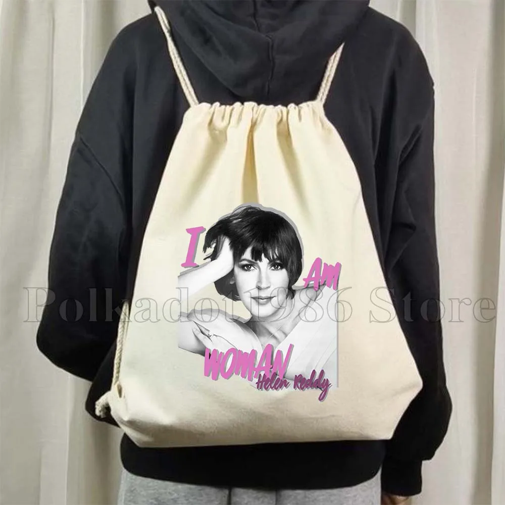 I Am Woman Music Artist Art Helen Reddy Gifts Canvas Drawstring Soccer Backpack Gym Sackpack String Bag for Hiking Sports Yoga