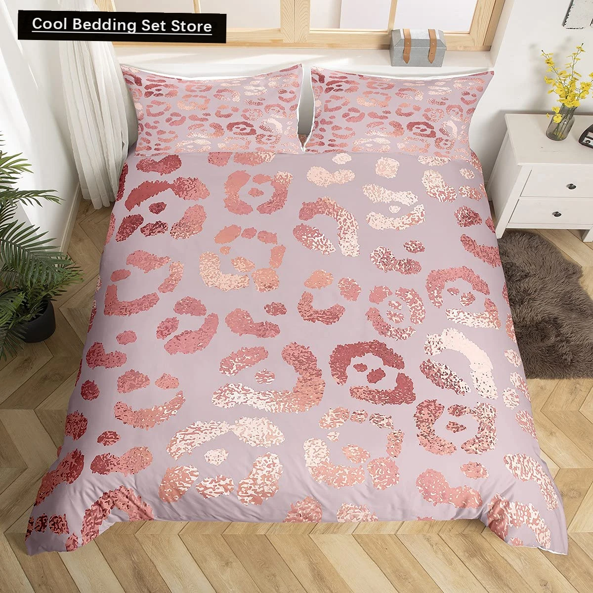 

Pink Leopard King Queen Duvet Cover Girly Glitter Bedding Set Cheetah Skin Pattern Quilt Cover 2/3pcs Polyester Comforter Cover