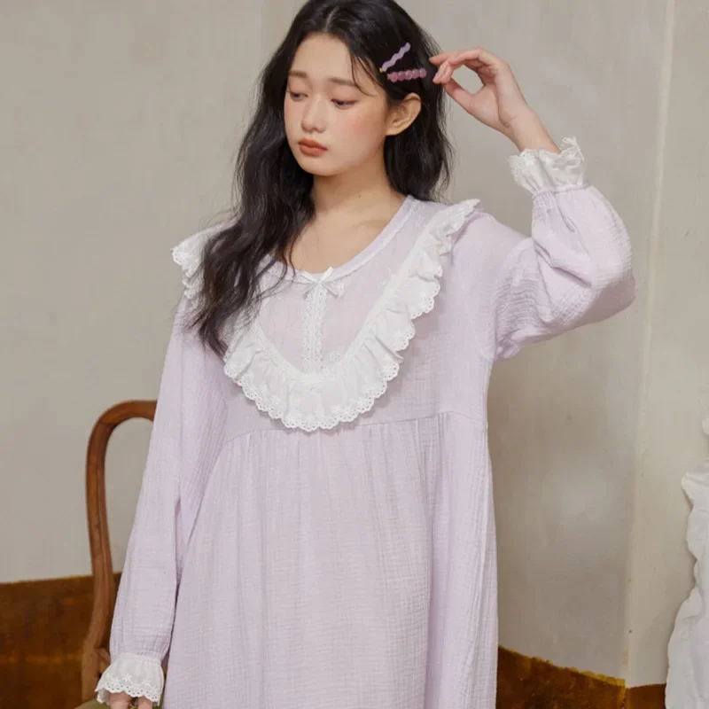 

Women Round Neck Full Sleeve Night Dress Princess Sleepwear Nightwear Sweet Long Nightgown Spring Vintage Pure Cotton Nightdress