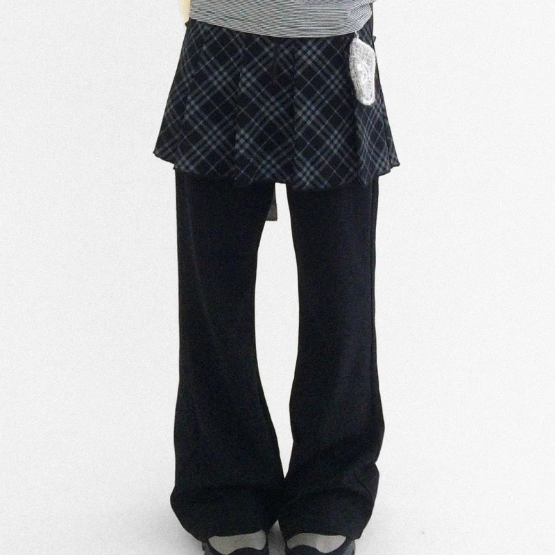 Autumn Winter New Knitted Stretch Fake Two-Piece Pleated Plaid Women's Skirt Pants Loose Elastic Waist Versatile Trousers Ladies