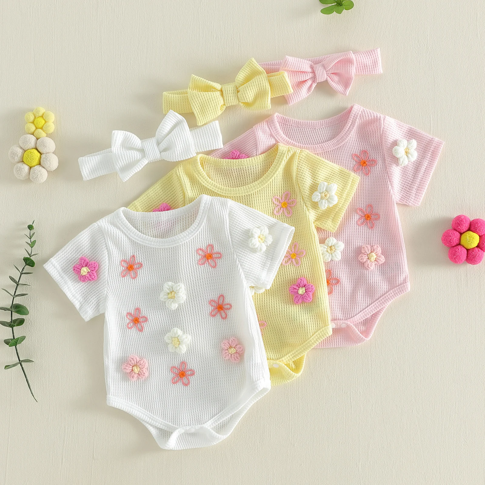 FOCUSNORM 3 Colors Lovely Baby Girls Boys Summer Waffle Romper Short Sleeve Round Neck Floral Embroidery Jumpsuits Bow Headband