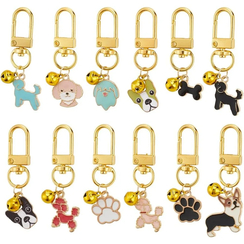 12pcs Pets Collar Pendants for Dog Cat Dog Paw Bone Enamel Pet Small Bells with Swivel Clasps Colorful Clip-on Charms