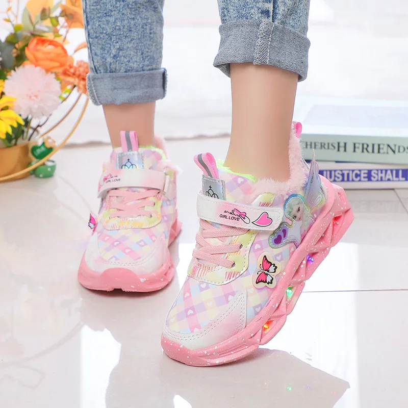 Kids LED Sport Shoes Disney Frozen Elsa Anna Running Shoes 2023 Fashion Tide Children Tennis Shoes Boys Luminous Casual Sneakers