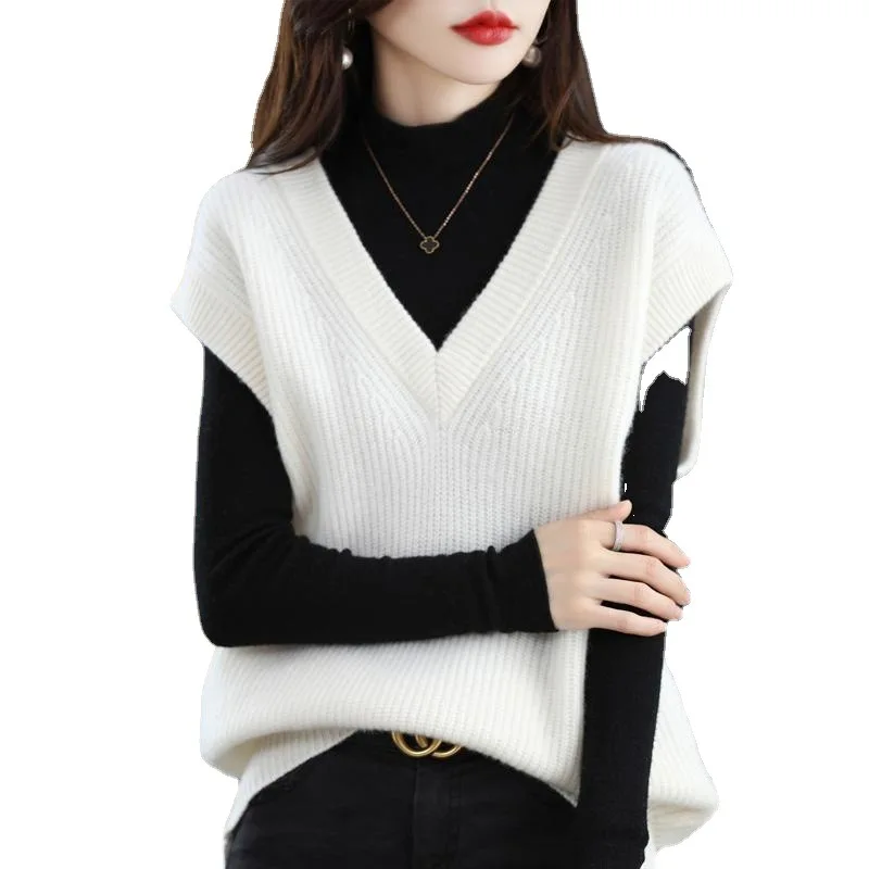 Imitation Wool Knitted Vest Spring Autumn 2023 New Sweaters Women's V-neck Solid  Casual Loose Pullover Knitted Leisure Coat V2