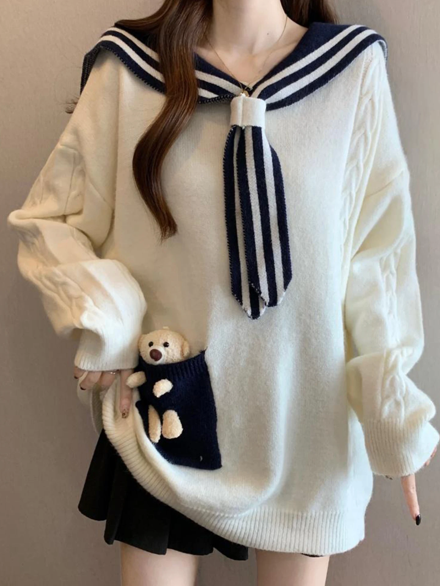 

Свободный вязаный свитер с воротником-стойкой для женщин, осенне-зимний, больших размеров, с мультяшным принтом медведя, в университетском стиле, удобный, уютный, антивозрастной топ