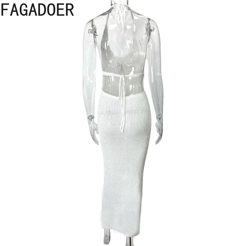 FAGADOER Sexy Knitted  Hollow Out Long Dress Women Halter Backless Sleeveless Bodycon Dresses Female Streetwear Vestidos Summer