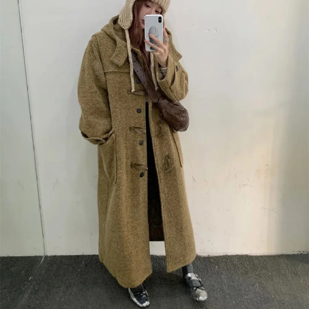 Women's Winter Long Camel Wool Coat Jacket Vintage Thicken Cotton Padded Parkas Warm Loose Outerwears Horn Button
