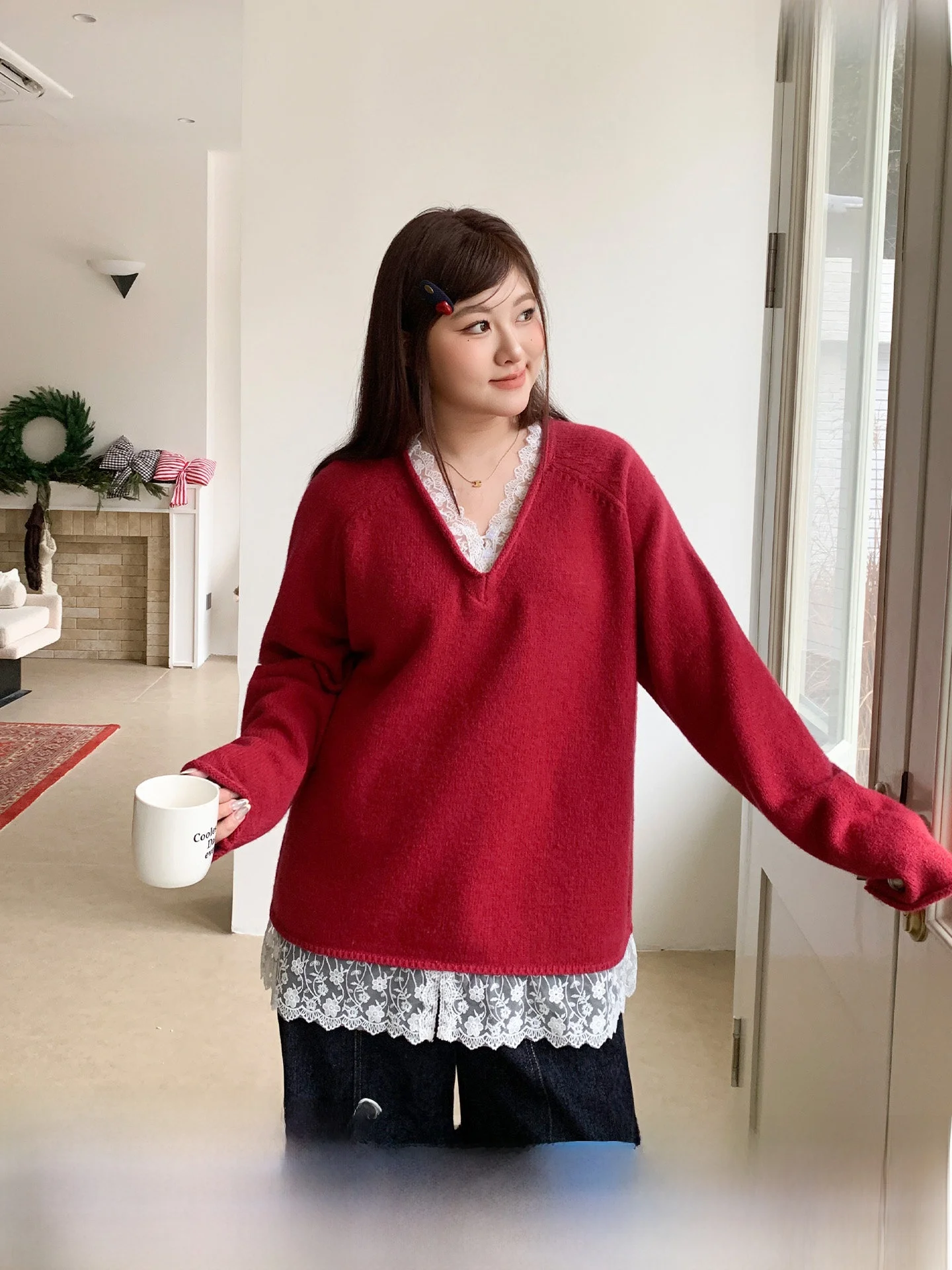 

Sweet Loose V-Neck Lace Trim Sweater Red Blue Large Size Women's Clothing YUZI Fish Roe Fake Two-Piece Lazy Style Knitwear