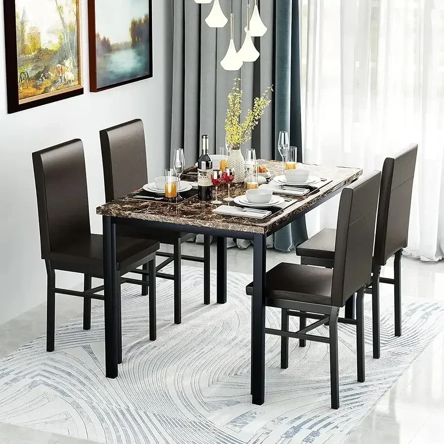 DKLGG Dining Table Set for 4, 5 Pieces Faux Marble Dining Set Kitchen Table and Chairs with 4 Leather Upholstered Chairs