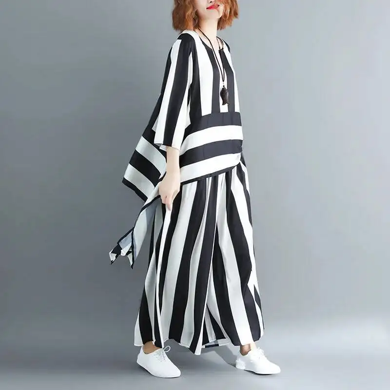 #2707 Vertrical Striped Two Piece Set Top And Pants Loose Korean Style Asymmetrical Shirt And Wide Leg Pants Women Half Sleeve