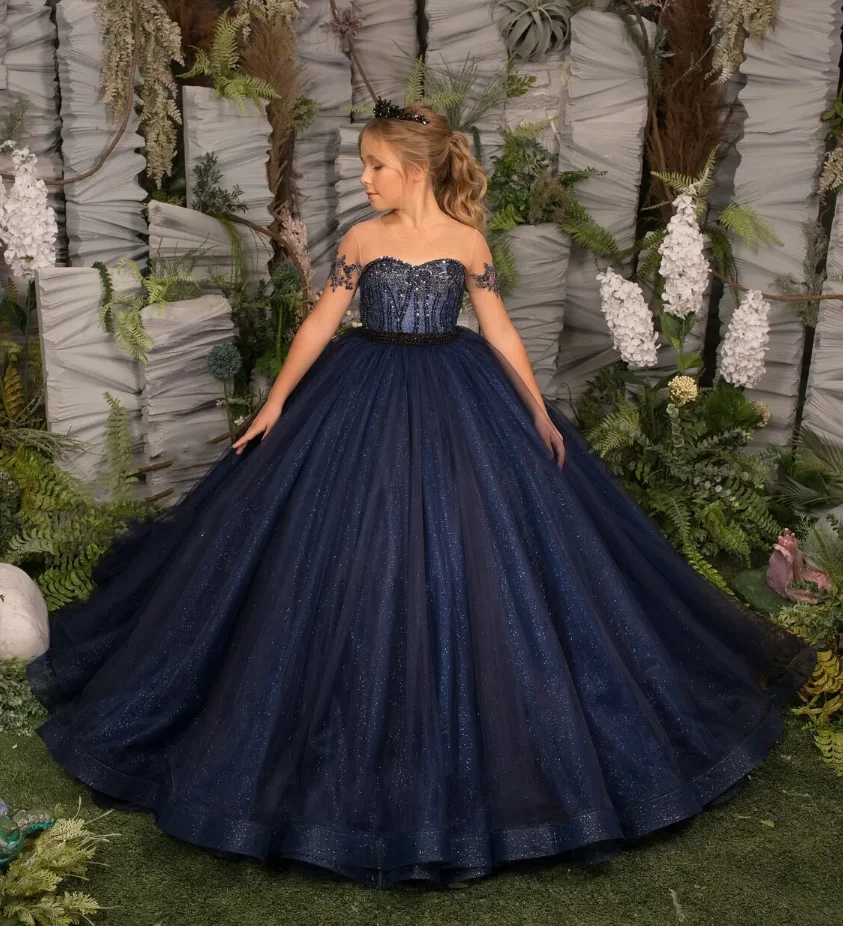 

Glitter Princess Flower Girl Dresses Navy Blue Tulle Child Birthday Wedding Party Dress First Communion Formal Prom Gowns