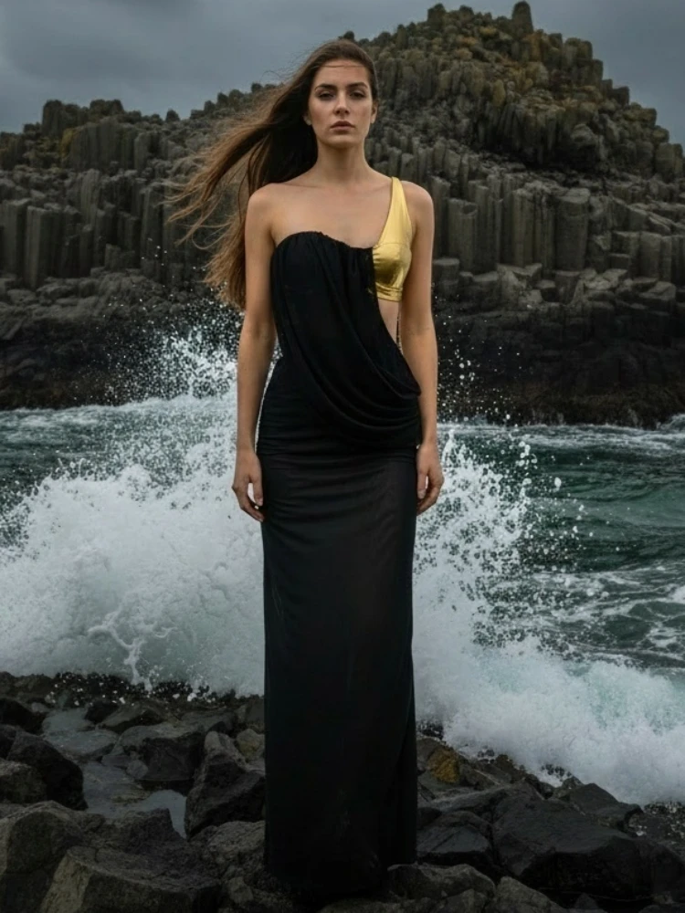 Abito lungo sexy con patchwork a catena scavata con una spalla Abito lungo da donna nero senza maniche con pieghe drappeggiate Abiti da sera per cocktail