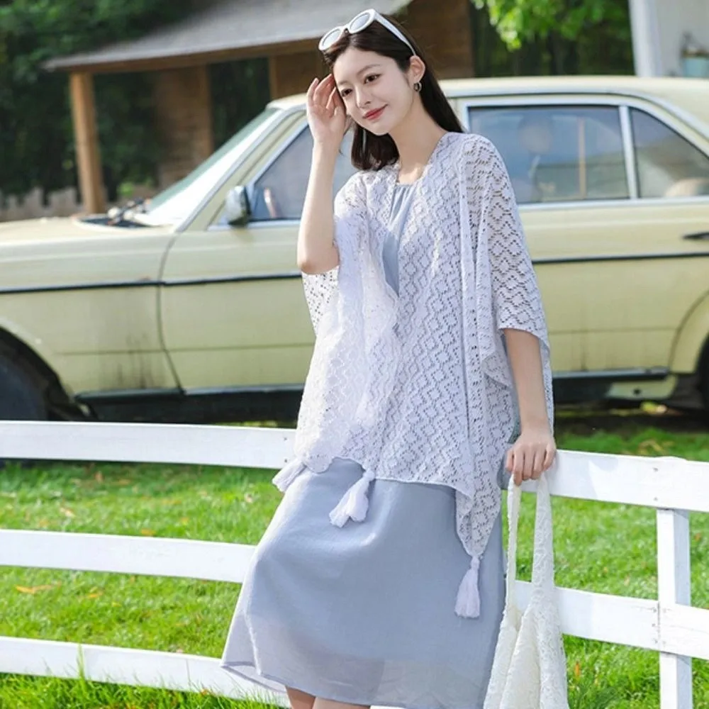 

Vintage Elegant Ethnic Style Tassel Shawl Thin Colorful Sunscreen Crochet Cardigan Hollow Retro Beach Scarf Beach