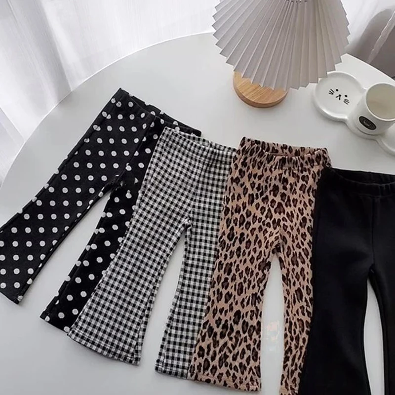

Kids Flare Pants Toddler Vintage Leopard Printed Trousers Elastic Waist Autumn Fashion 1-8Y Girls Clothing