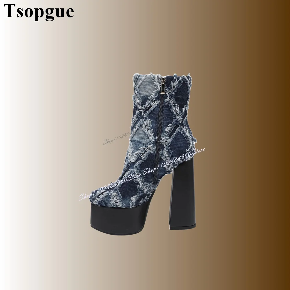 Western Blue Denim Platform Ankle Boots Chunky High Heel Women Shoes Side Zipper Round Toe 2024 Fashionable Zapatos Para Mujere