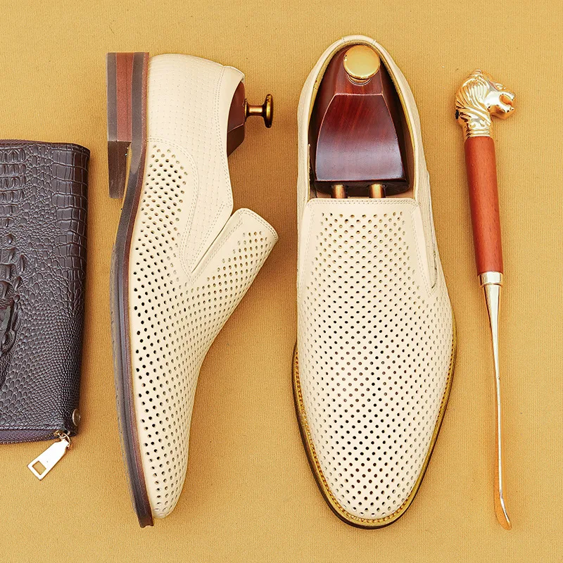 

Men's Leather Shoes Hollowed Out Genuine Leather Summer One Foot Shoes Business Casual Boots Soft Soled Breathable Walking Shoes