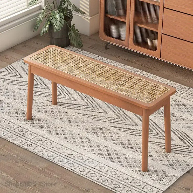 

Rattan Bench long Chair Household Solid Wood Dining Chair Japanese Style Log Long Bench Bed End Stool Shoe Changing Stool