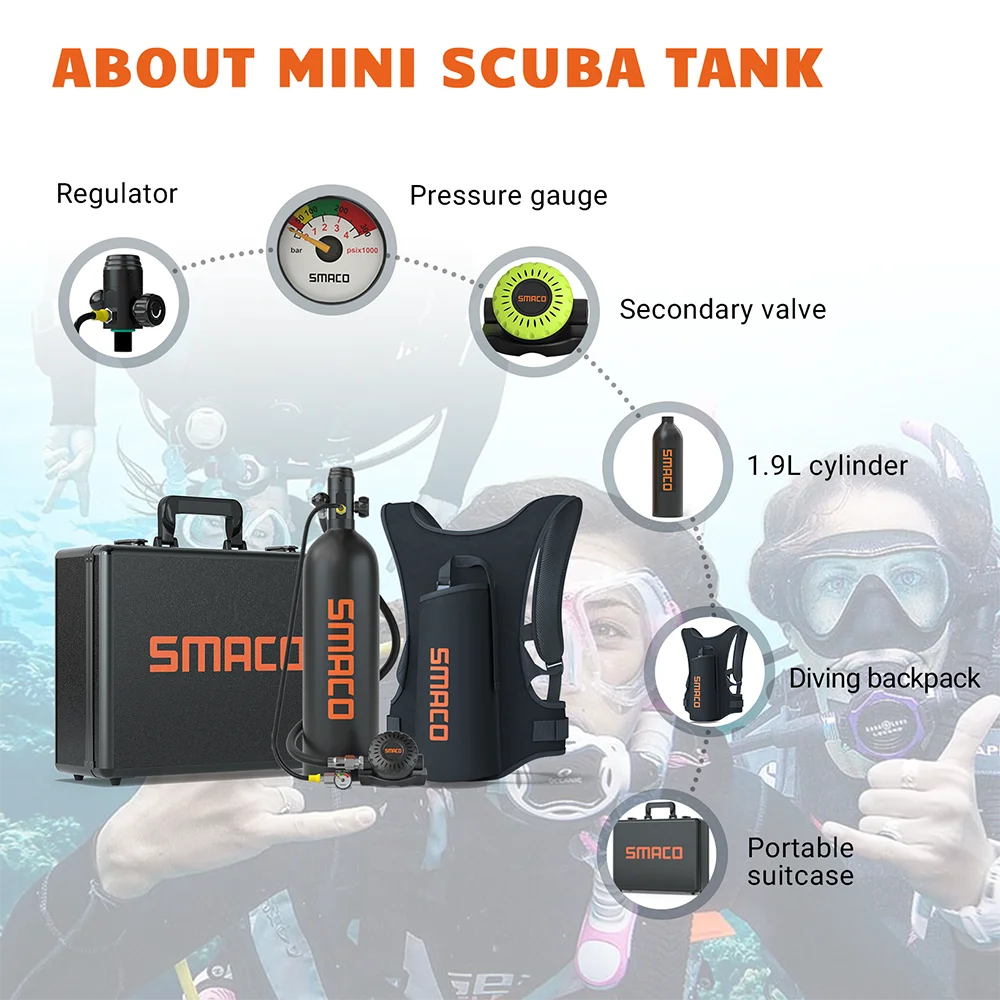 SMACO 2L Mini Scuba Tank Diving Oxygen Underwater Breathing Mini Scuba Tank Kit Diving Cylinder Underwater Entertainment/Work