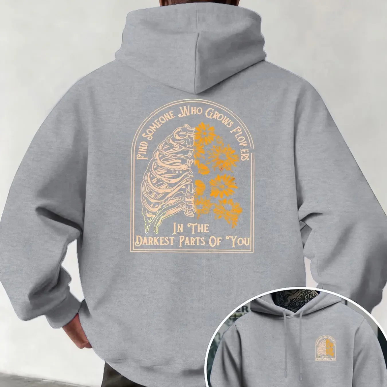 Dark Healing Aesthetic Skeleton Blooms Sunflowers Text Double Sided Print Oversized Loose Unisex Fleece Lined Hooded Sweatshirt